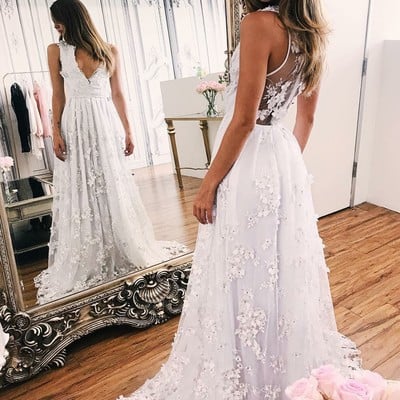 Deep v neck white beach wedding dresses bridal gowns with appliques flowers - Thumbnail 5