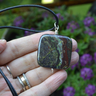 Dragons bloodstone necklace, stone necklace, canadian jewellery, unisex necklace, mens necklace, green stone on cord - Thumbnail 3