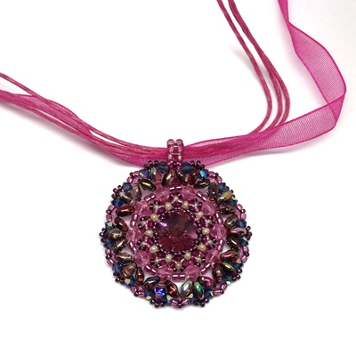 October rose color crystal pendant on ribbon necklace