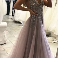 Beading prom dress, long prom dress, v neck prom dress, grey prom dress, sexy prom dress, gorgeous prom dress, side split prom dress, PD15443 - Thumbnail 1