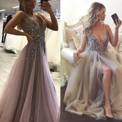 Beading prom dress, long prom dress, v neck prom dress, grey prom dress, sexy prom dress, gorgeous prom dress, side split prom dress, PD15443