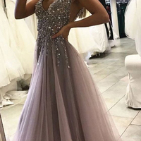 Beading prom dress, long prom dress, v neck prom dress, grey prom dress, sexy prom dress, gorgeous prom dress, side split prom dress, PD15443 - Thumbnail 2