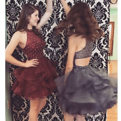 Burgundy homecoming dress, grey homecoming dress, beaded homecoming dress, organza homecoming dress, short homecoming dress, pd15075