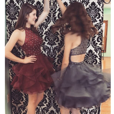 Burgundy homecoming dress, grey homecoming dress, beaded homecoming dress, organza homecoming dress, short homecoming dress, PD15075