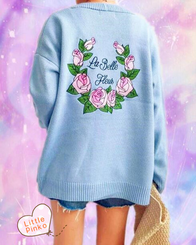 Pink Rose Embroidery Knit Cardigan