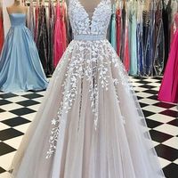 Long prom dress, lace prom dress, prom dress with applique, popular prom dress, off shoulder prom dress, v-neck prom dress, evening dress, PD15107 - Thumbnail 1