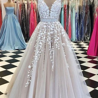 Long prom dress, lace prom dress, prom dress with applique, popular prom dress, off shoulder prom dress, v-neck prom dress, evening dress, pd15107