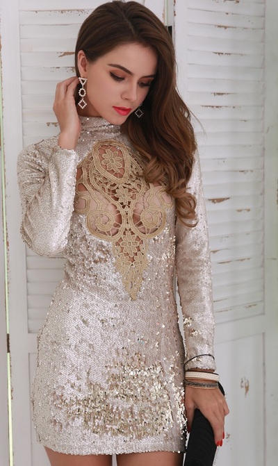 High Neck Gold Sequin Dress