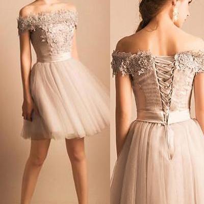 Grey off shoulder elegant style homecoming dresses, short prom dress with lace-up back, cute formal dresses - Thumbnail 5