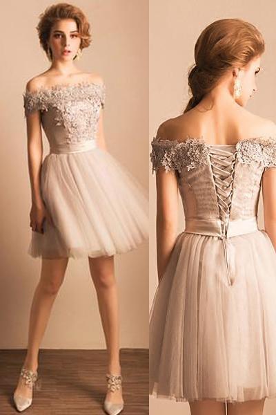 Grey Off Shoulder Elegant Style Homecoming Dresses, Short Prom Dress with Lace-up Back, Cute Formal Dresses