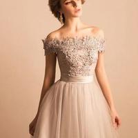 Grey Off Shoulder Elegant Style Homecoming Dresses, Short Prom Dress with Lace-up Back, Cute Formal Dresses - Thumbnail 1