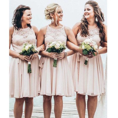 Short bridesmaid dress, lace bridesmaid dress, chiffon bridesmaid dress, cheap bridesmaid dress, knee-length bridesmaid dress, pd15456 - Thumbnail 1