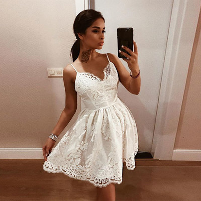 White A-line lace short prom dress, white homecoming dress
