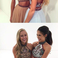 Long prom dress, two pieces prom dress, beaded prom dress, halter prom dress, tulle prom dress, open back prom dress, PD15413 - Thumbnail 1