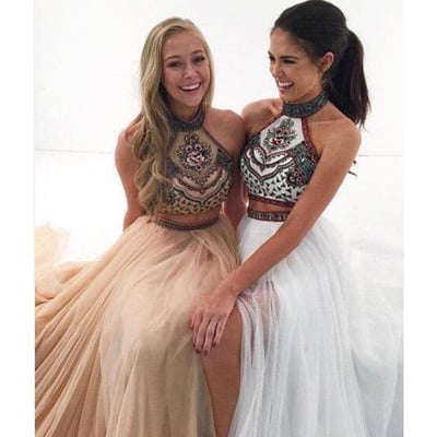 Long prom dress, two pieces prom dress, beaded prom dress, halter prom dress, tulle prom dress, open back prom dress, pd15413
