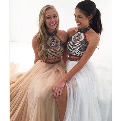 Long prom dress, two pieces prom dress, beaded prom dress, halter prom dress, tulle prom dress, open back prom dress, PD15413