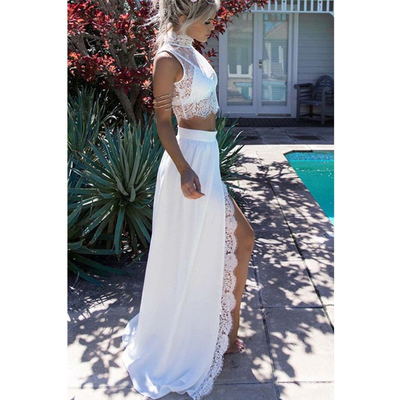 2 piece prom dress, long prom dress, sexy side split prom dress, lace prom dress, popular long prom dress, high neck prom dress, pd15352