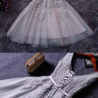  Cute A-line grey lace short prom dress, homecoming dresses - Thumbnail 4