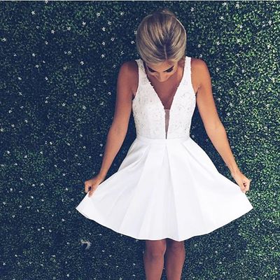 Cute A-line white lace deep V neck short prom dress, white lace homecoming dress