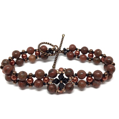 Poppy jasper hand woven bracelet with copper clasp