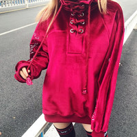 High Neck Lace Up Embroidered Velvet Sweatshirt - Thumbnail 1
