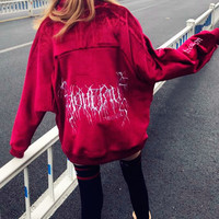 High Neck Lace Up Embroidered Velvet Sweatshirt - Thumbnail 2