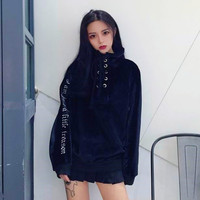 High Neck Lace Up Embroidered Velvet Sweatshirt - Thumbnail 3
