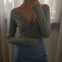 V-neck front buckle single-breasted solid color wild long-sleeved T-shirt - Thumbnail 1