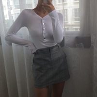 V-neck front buckle single-breasted solid color wild long-sleeved T-shirt - Thumbnail 4