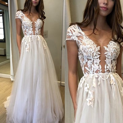 Long prom dresses, cap sleeve prom dress, tulle prom dress, applique lace prom dress, deep v neck prom dress, evening dress, PD15215