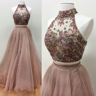 Long prom dress, 2 pieces prom dress, halter prom dress, beaded prom dress, charming prom dress, affordable prom dress, PD15287