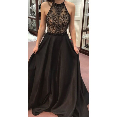 Long prom dress, halter prom dress, black prom dress, beaded prom dress, popular prom dress, formal prom dress, PD15391