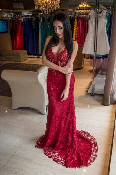 Dark Red Lace Mermaid Prom Dress with Lace UP