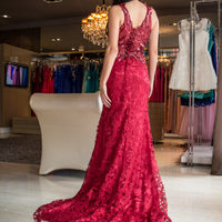 Dark Red Lace Mermaid Prom Dress with Lace UP - Thumbnail 1