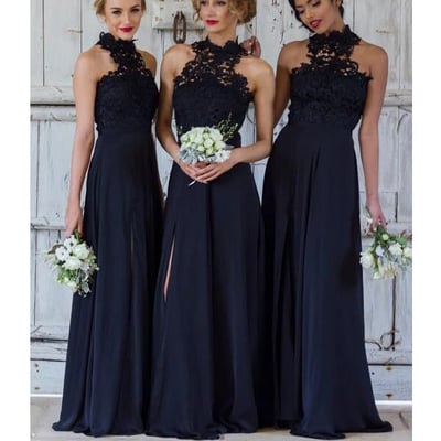 Navy bridesmaid dress, lace top bridesmaid dress, long bridesmaid dress, halter bridesmaid dress, side split bridesmaid dress, PD15377