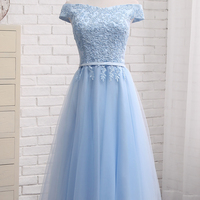  Charming A line blue lace off shoulder prom dress, homecoming  dresses - Thumbnail 3