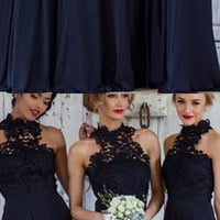 Navy bridesmaid dress, lace top bridesmaid dress, long bridesmaid dress, halter bridesmaid dress, side split bridesmaid dress, PD15377 - Thumbnail 3