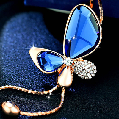  handmade fashion jewelry gemstone rhinestone crystal butterfly pendant necklace gold chain necklace for girls princess necklace