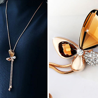  Handmade Fashion Jewelry Gemstone Rhinestone Crystal Butterfly Pendant Necklace Gold Chain Necklace for Girls Princess Necklace - Thumbnail 2