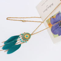  Handmade Fashion Jewelry Feather Beaded Tassel Chain Pendant Necklace Vintage Bohemian Necklace Gold Chain Necklace for Women Girls - Thumbnail 1