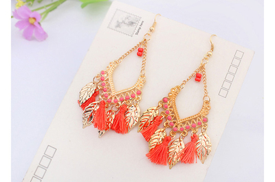 Handmade Bead Earring with Tassel and Leaf Drop Earring Dangle Earrings Gold Earrings for Girls
