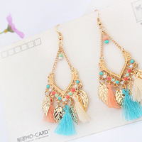  Handmade Bead Earring with Tassel and Leaf Drop Earring Dangle Earrings Gold Earrings for Girls - Thumbnail 3