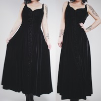 CLAIMED @vamps420 - Vintage 90s Black Velvet Button-Front "Elvira" Gown  - Thumbnail 1