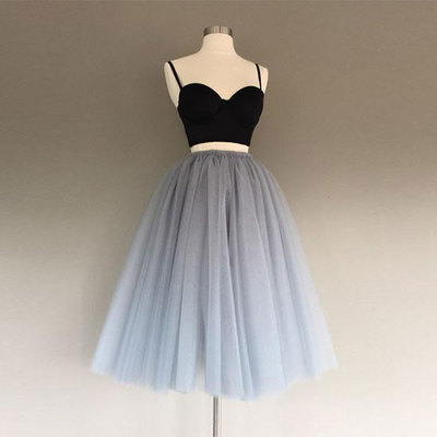 Gray A-line tulle two pieces short prom dress, gray homecoming dress 
