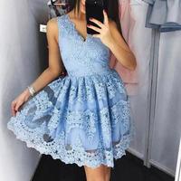 Stylish V neck blue lace short prom dress, blue lace homecoming dress - Thumbnail 1