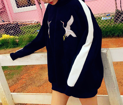 Crane Embroidered Hoodie Sweatshirt