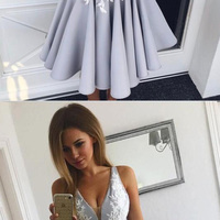 Silver homecoming dress, short homecoming dress, v neck homecoming dress, lace applique homecoming dress, lovely homecoming dress, PD15180 - Thumbnail 2