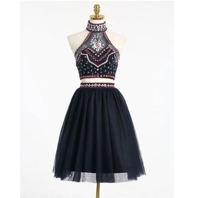 Short homecoming dress, two pieces homecoming dress, high neck homecoming dress, halter homecoming dress, navy blue homecoming dress, pd15105