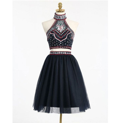 Short homecoming dress, two pieces homecoming dress, high neck homecoming dress, halter homecoming dress, navy blue homecoming dress, PD15105