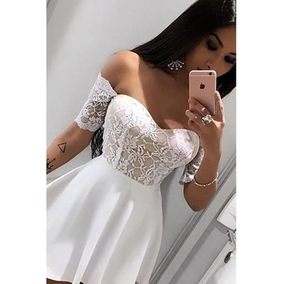 Off the shoulder homecoming dress, sweetheart homecoming dress, short lace homecoming dress, short sleeves homecoming dress,  PD15017